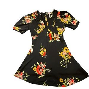 Free People Neon Garden Dress Black Floral Crepe de Chine Puff Sleeve Mini Sz 4